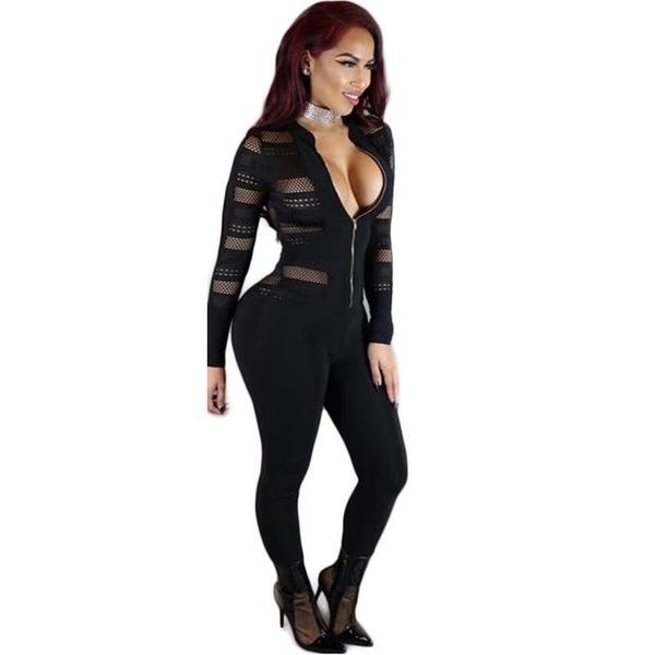 

women's jumpsuits & rompers 2021 autumn black jumpsuit women mesh perspective slim romper long sleeve see-through clubwear party set, Black;white