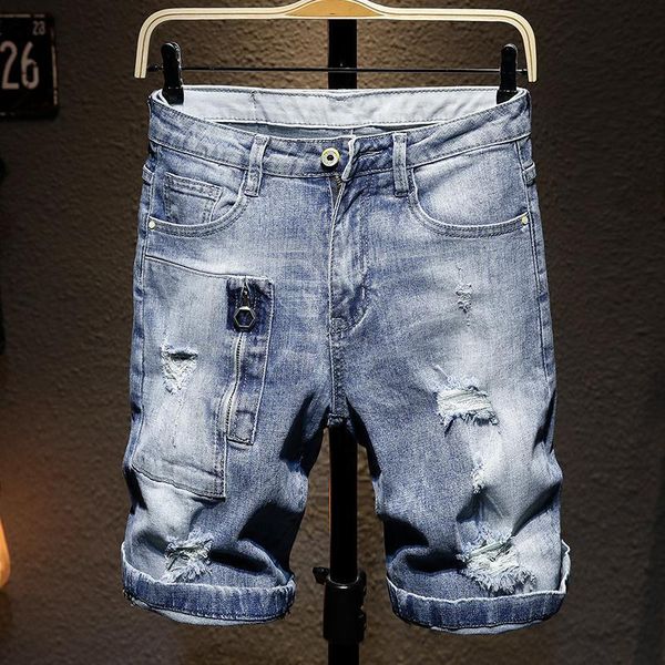 

men's jeans 2021 summer men's ripped denim shorts personality fashion casual hip hop straight loose hole short, Blue