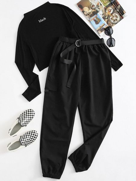 

mock neck letter graphic tee & belted cargo pants o60s#, White