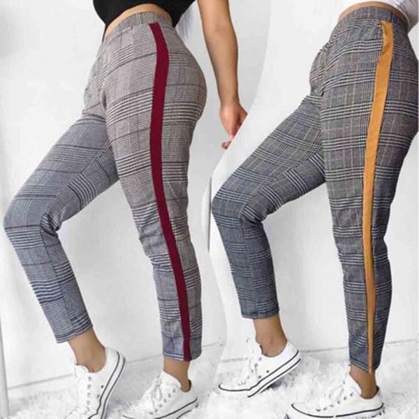 

running pants women long trousers high waist plaid stretch denim side stripe sport casual ladies regular straight, Black;blue