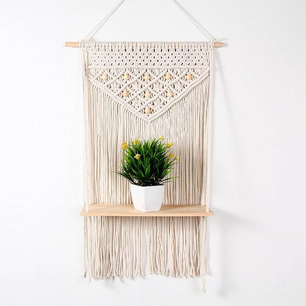 

tapestries bohemian hand-woven macrame wall hanging rope shelf indoor plant wooden rack stand tapestry home decor ornament