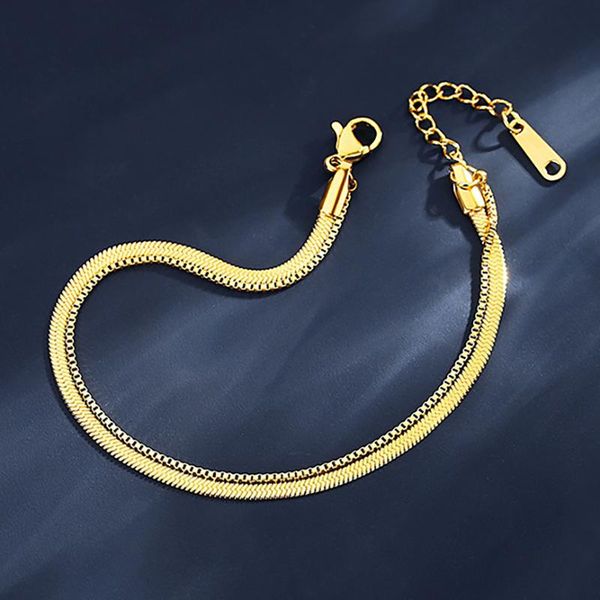 

link, chain stainless steel double layer snake bracelets for women girl gold color adjustable on the hand jewelry gift trend, Black