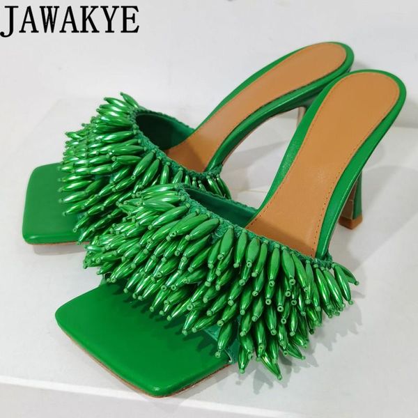 

slippers summer square open toe beads high-heel mules for woman brand sandals ethnic style dance party shoes mujer, Black