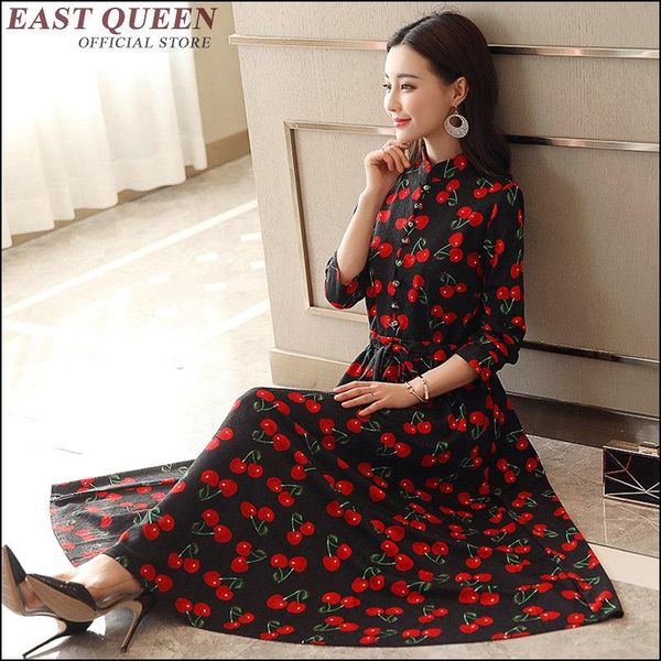 

casual dresses autumn women dress bodycon full sleeve bud sashes floral print mid-calf mandarin collar tunic elegant ladies 3488 l, Black;gray