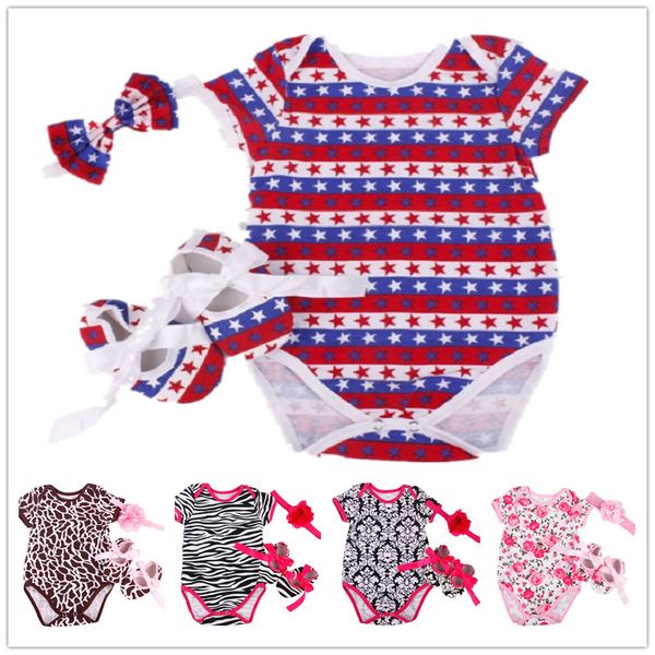 EUA Flag Estrela Bebê Bodysuits Headband 3 Pçs Terno Recém-nascido Jumpsuits Moda Verão Meninas Outfits Algodão Infantil First Walkers 210413