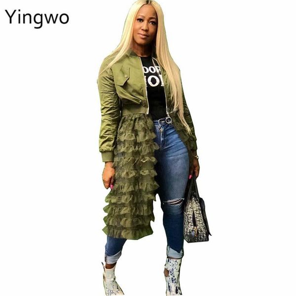 

women's jackets armygreen/rosy/black long sleeve zipper up spring style jacket multi layer ruffles mesh hem outwear wholesale, Black;brown
