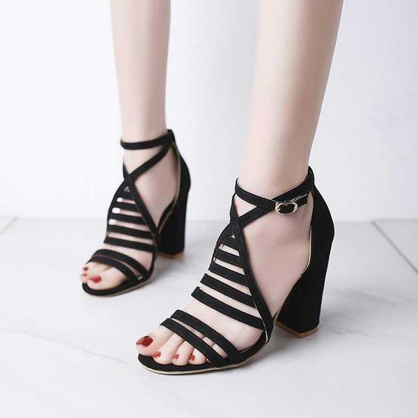 

sandals summer fashion thick heel high hollow buckle open toe large size, Black