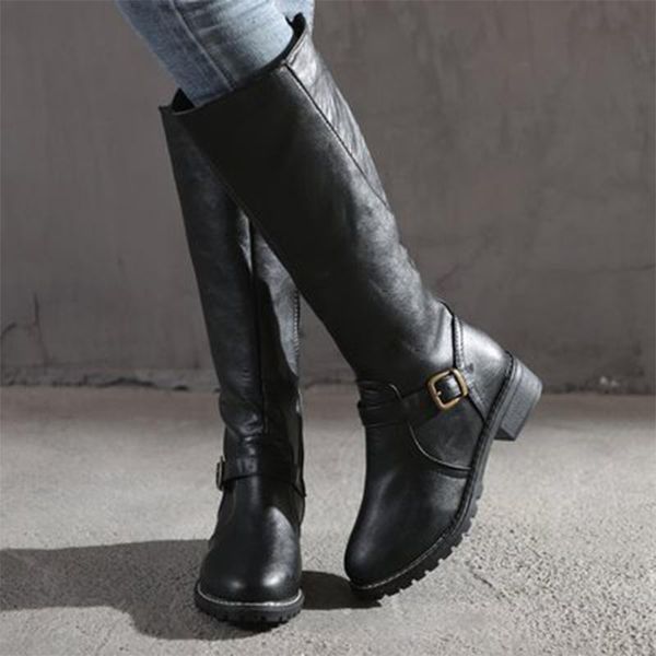 

women zip leather knee high boots 2021 women's buckle long knight female combat low heels shoes plus size, Black