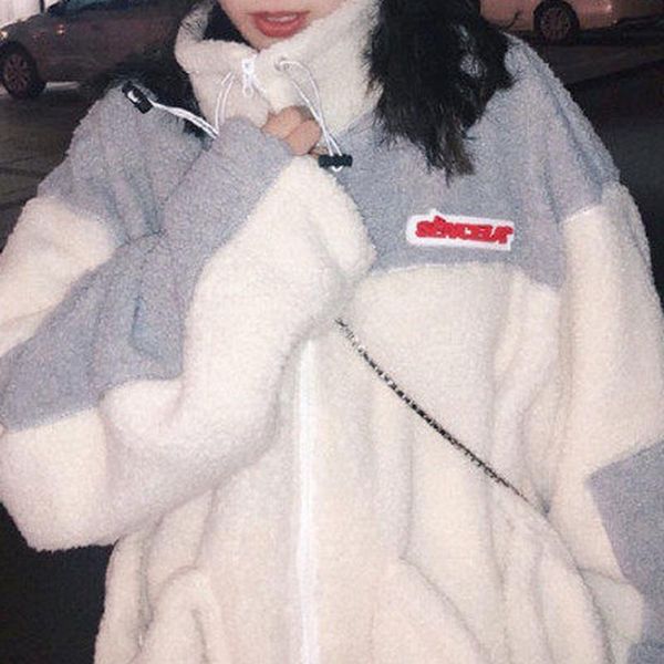 

women's wool & blends lamb coat 2021 female korean harajuku patchwork zip jackets winter turtleneck warm thick loose oversized outwear, Black