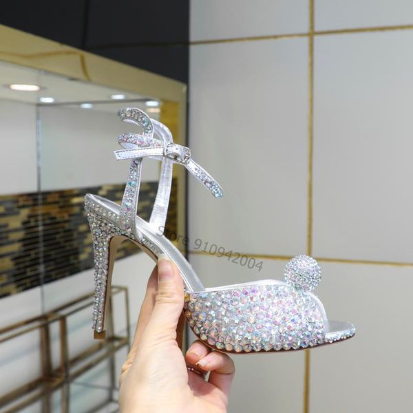 

sandals silver rhinestone woman peep toe diamond crystal ankle strap thin high heels shoes lady wedding, Black