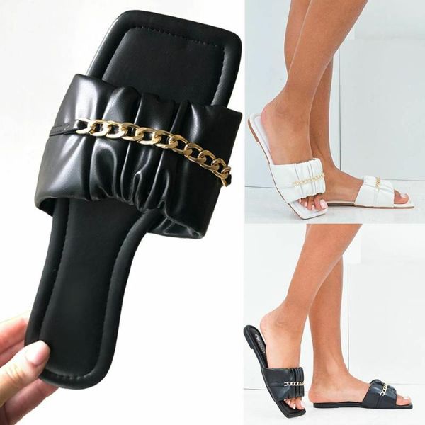 

women slippers causal ladies square toe flat outdoor slides fashion metal decoration female shoes open beach woman, Black