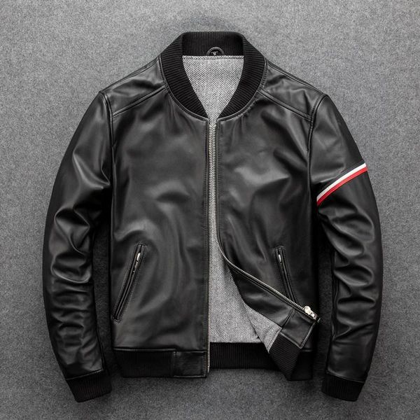 

men's leather & faux slim fit fashion motorcycle clothing male jacket sheepskin baseball suit genuine coat men, Black