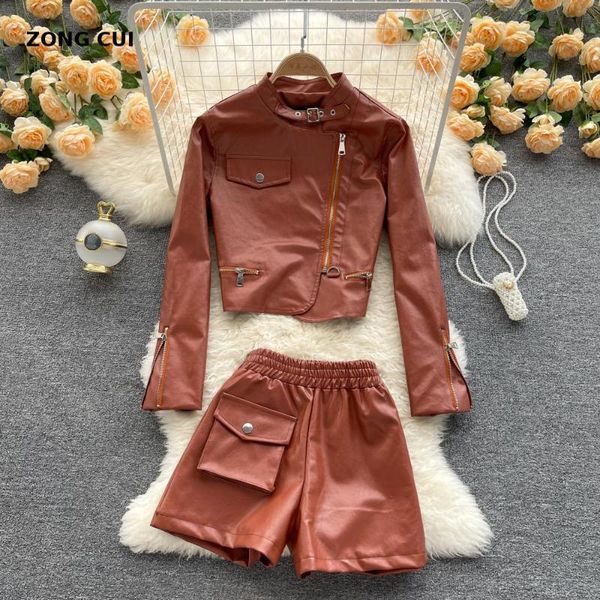 

women's tracksuits autumn winter leather two piece set for women 2021 zipper faux jacket+elastic waist shorts fashion moto biker suit, Gray