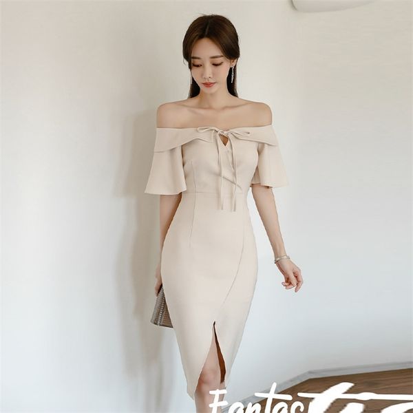 

off shoulder dress for women summer ruffle sleeve strapless ladies office pencil club bodycon dresses 210602, Black;gray