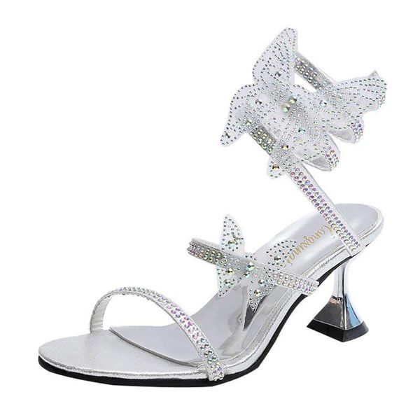 

sandals summer women's women ladies fashion butterfly crystal thick heels shoes slip on, Black