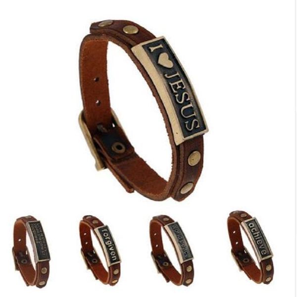 

tennis vintage english words leather bracelets for women jesus alloy accessoires homme belt buckle men jewelry hand band, Golden;silver