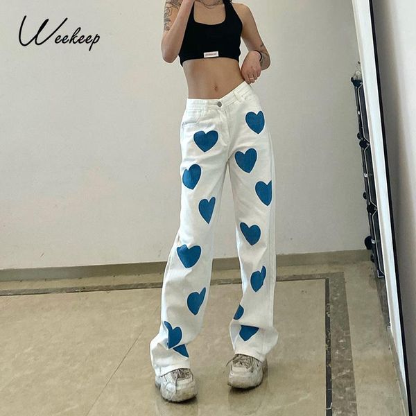 

weekeep heart print casual straight jeans women high waisted streetwear loose denim pants pockets vintage capris harajuku summer women', Blue