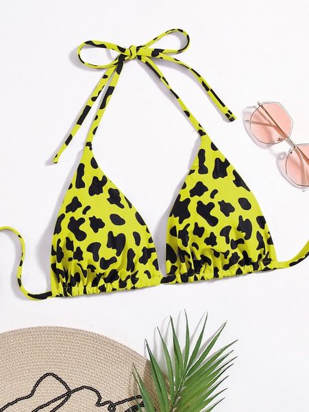 

plus leopard halter triangle bikini q21g#, Black