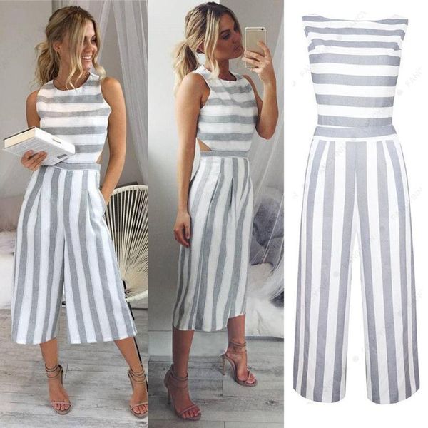 

gym clothing women sleeveless striped jumpsuit romper casual wide leg pants outfits women's cotton trousers 2021, White;black