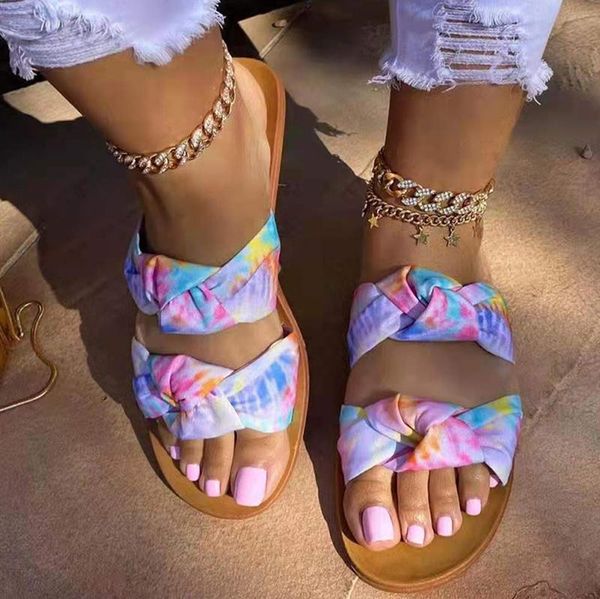 

slippers 2021 women rainbow knot female tie dye casual slides ladies summer beach flat women's open toe leisure shoes plus size, Black