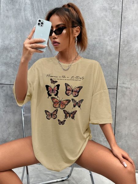 

butterfly & slogan graphic drop shoulder tee h7ye#, White