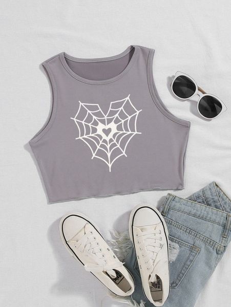 

spider web & heart print tank n5fu#, White