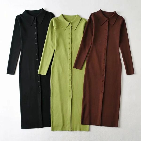 

casual dresses 2021 design fashion vintage knitted long sleeve dress women turn-down collar single breasted skinny midi, Black;gray