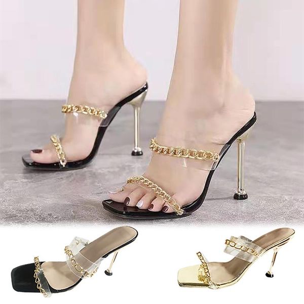 

dress shoes transparent high heels women sandals pvc fashion chain square toe mules slides ladies sandalias mujer, Black
