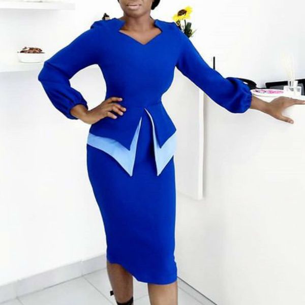 Frauen Kleid Bodycon V-Ausschnitt Schößchen Mantel Classy Femme Elastische Elegante Büro Damen Arbeitskleidung Modest Weibliche Afrikanische Mode XXL 210416