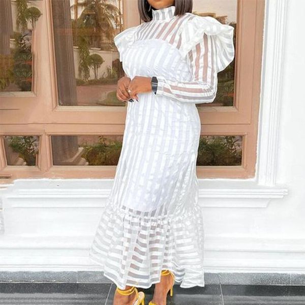

casual dresses 2021 fashion women see through long sleeve striped white midi dress cover elegant lady fall party birthday outfits xxxl, Black;gray