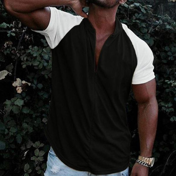 

men's t-shirts men t-shirt color block loose summer stand collar short sleeve 2021 slim casual tee shirts male clothing plus size, White;black