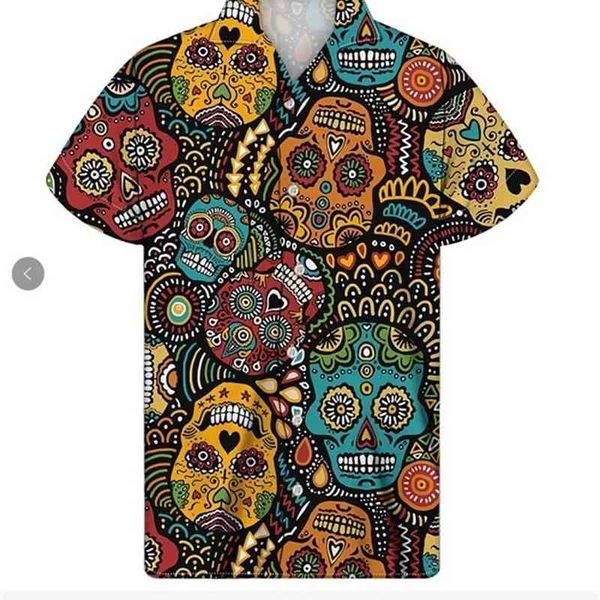 

2021 new spring summer skull print loose men's casual suit collar shirt, White;black
