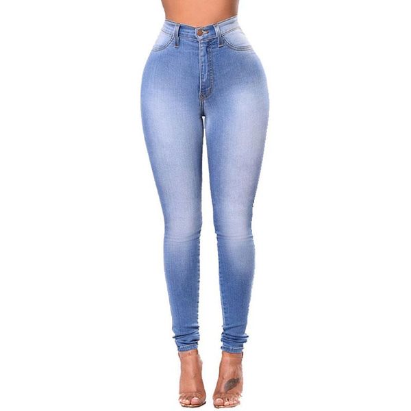 

large size high waist elastic jeans european and american fashion trousers pencil pants a16 women's, Blue