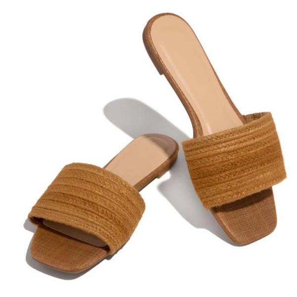 

slippers women square toe woman weave slides casual flats female summer beach shoes ladies big size footwear, Black