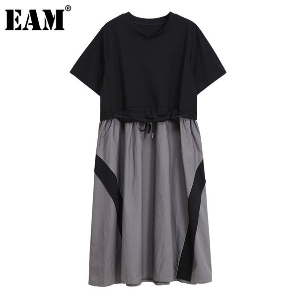 

[eam] women gray strap spliced big size dress round neck short sleeve loose fit fashion spring summer 1dd8175 210512, Black;gray
