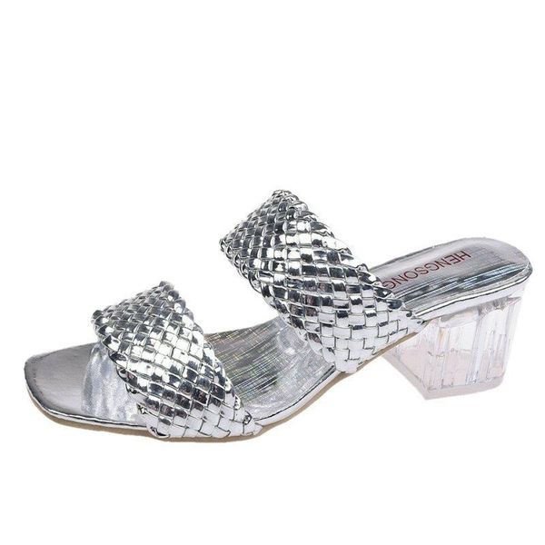 

slippers 2021 summer crystal women shoes woman mules bling shine ladies clear transparent thick high heels slides, Black
