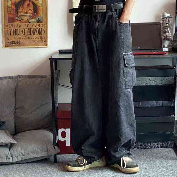 

houzhou baggy jeans trousers male denim pants black wide leg men's loose casual korean streetwear cargo, Blue
