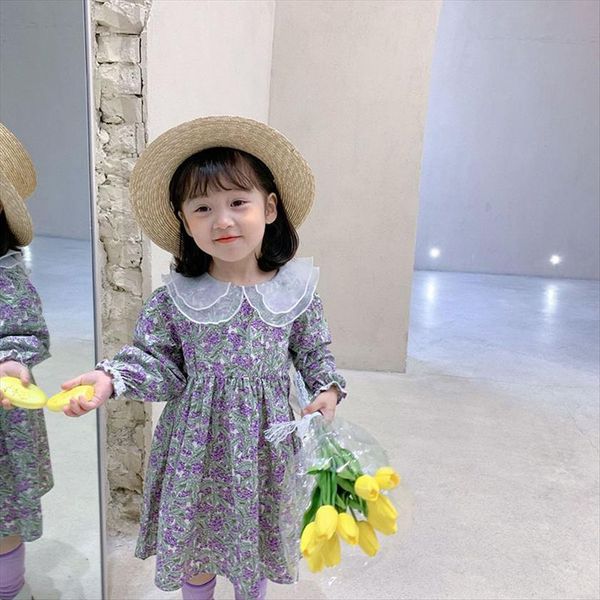 

spring kids sweet girls girl dresses floral long sleeve, Red;yellow