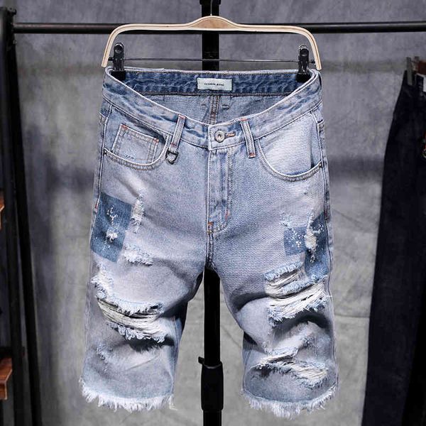 Mode Herren Ripped Short Jeans Hollow Out Bermuda Sommer Vintage Distressed Loch Shorts Cowboys Knielange Denim Shorts Männlich 210518