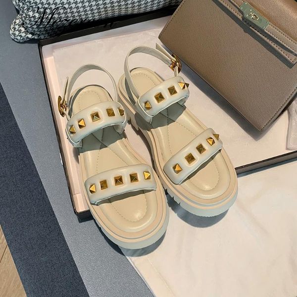 

sandals round toe thick bottom rivets mules shoes women black hollow out weave leather casual beach flat woman