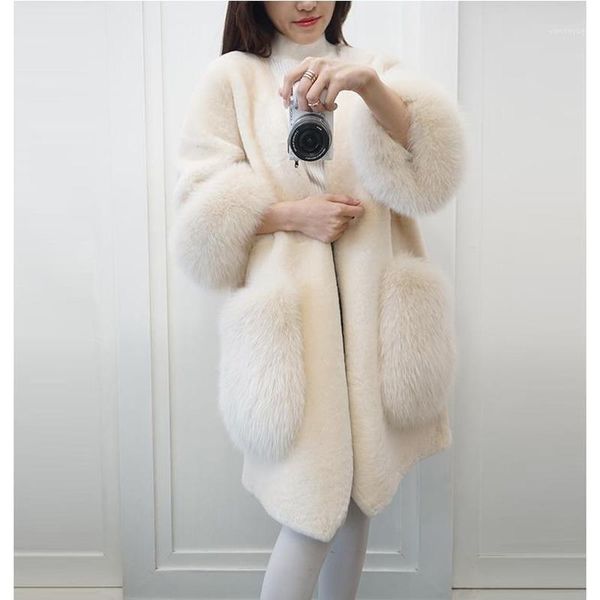 

women's fur & faux lamb women coat winter design 2021 solid long thicken warm loose pocket female outwear, Black