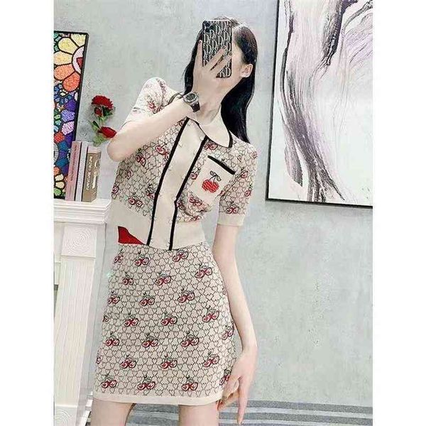 

women's suit casual knitted skirt two-piece cherry slim spring and summer fashion women's clothing 210520, White
