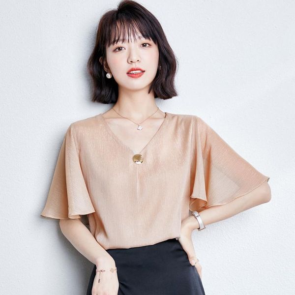 

women's blouses & shirts 2021 summer lotus leaf sleeve v-neck chiffon shirt loose belly cover, White