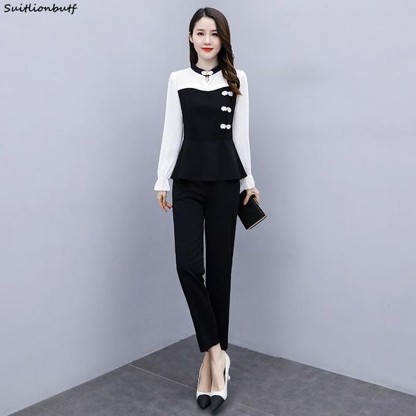 

women's two piece pants ol trouser suits splicing long sleeve embroidered flowers elastic waist flares clothing sets 2021 autumn 2, White