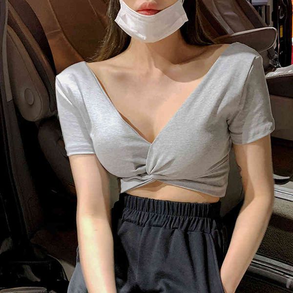 

women's t-shirt crop women short sleeve t summer cross kink tshirts cotton slim deep v-neck womens tee femme 54c0, White