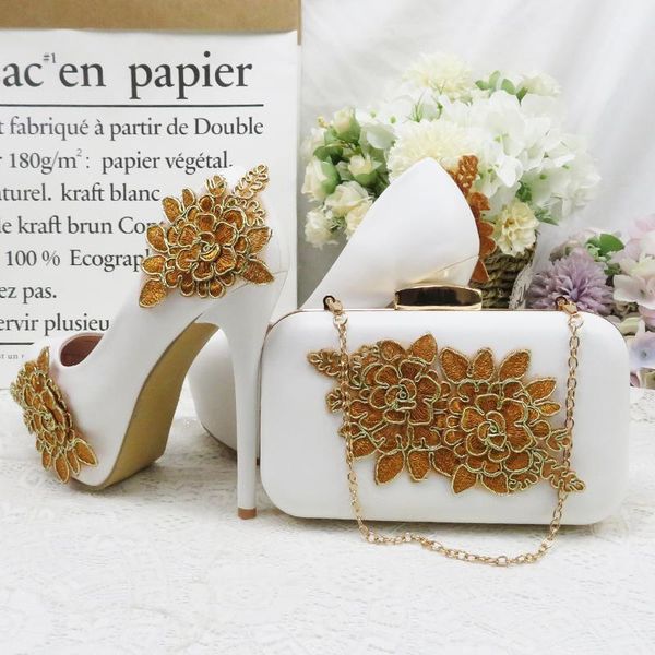 

women summer shoes golden flower wedding shoe bride bag set high heels round toe pumps ladies party with purse sandals, Black
