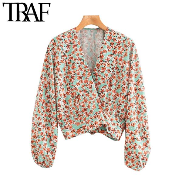 TRAF Donne Fashion Stampa floreale Stampa florata Abbata involucro Blouss Vintage Manica Lunga Indietro Arco Piedino Legato Camicie Femminili Chic Tops 210415