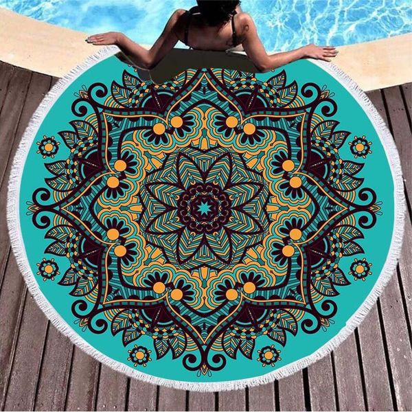 

printed mandala round tassel beach mat soft microfiber multifunction bath shower towel picnic yoga blanket cover up outdoor pads