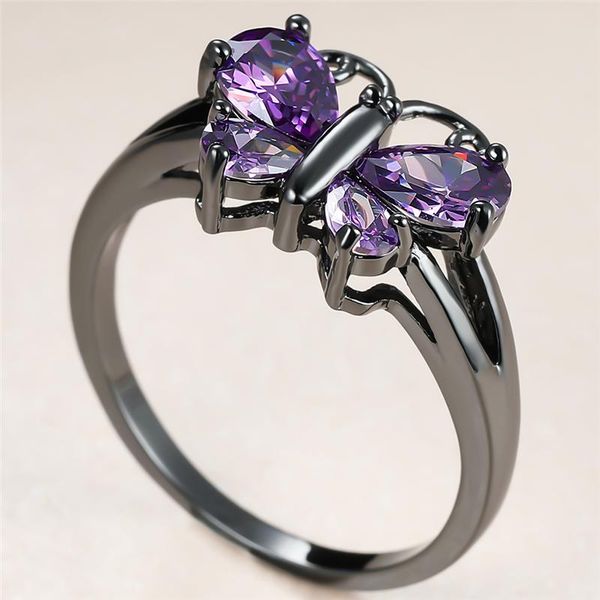

crystal female purple stone ring charm 14kt black gold wedding rings for women promise butterfly zircon engagement, Slivery;golden