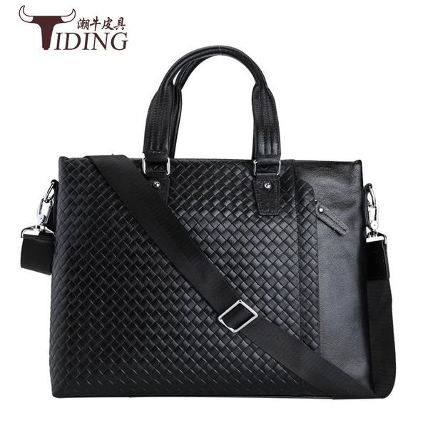 

14" black briefcase for man cow leather business casual fashion laphand shoulder travel bags briefcases